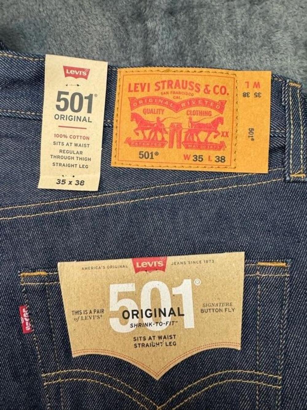 Levi's 501 Jeans Mens 35x38 Blue Raw Denim Straight Button Fly Shrink To Fit